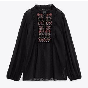 Zara Top XS Boho Cottagecore Floral Embroidered Swiss Dot Blouse